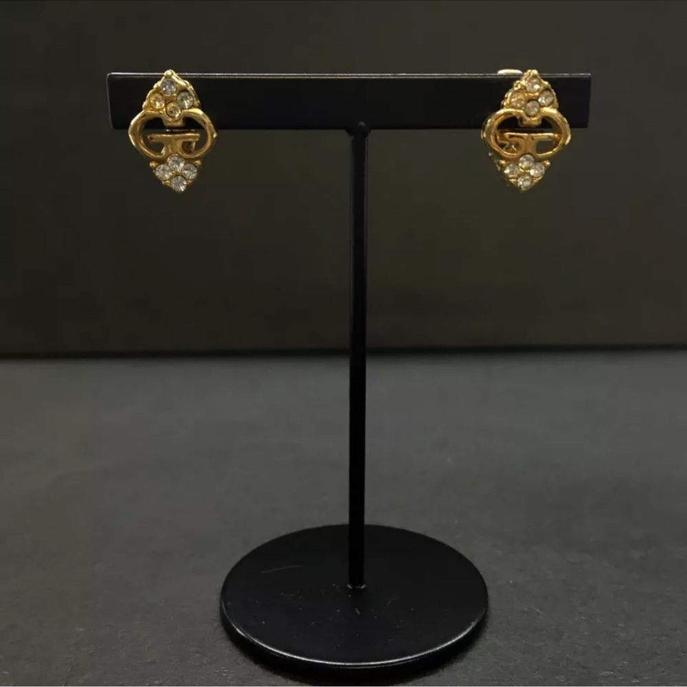 Authentic GIVENCHY GG Logo Rhinestone Gold Tone Earrings - Picture 2 of 8